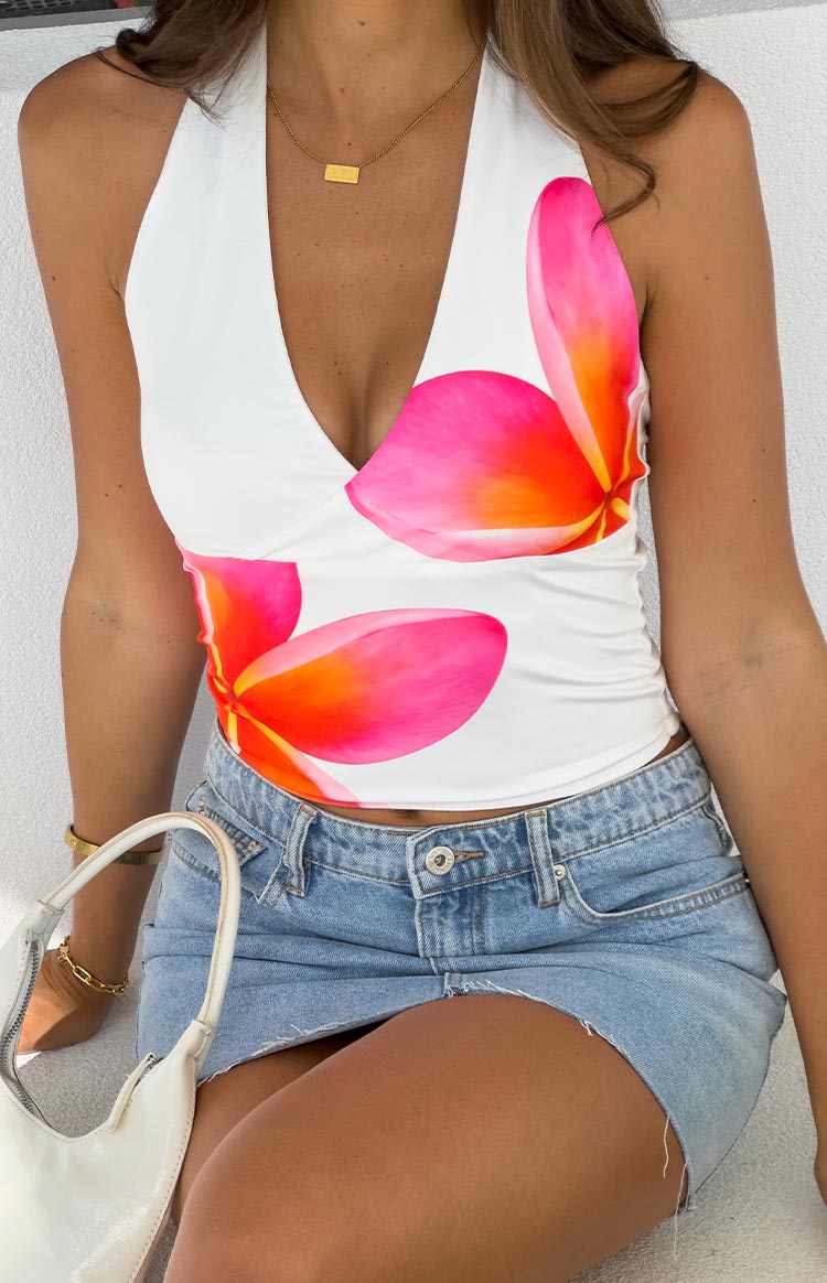Styling White Frangipani Print Halter Top