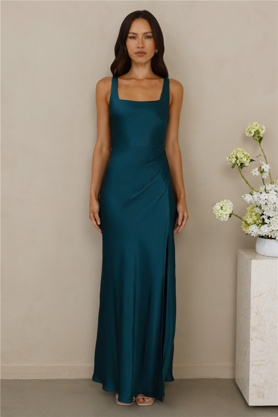 Women’s Teal Satin Maxi Evening Dress – Elegant Formal Gown