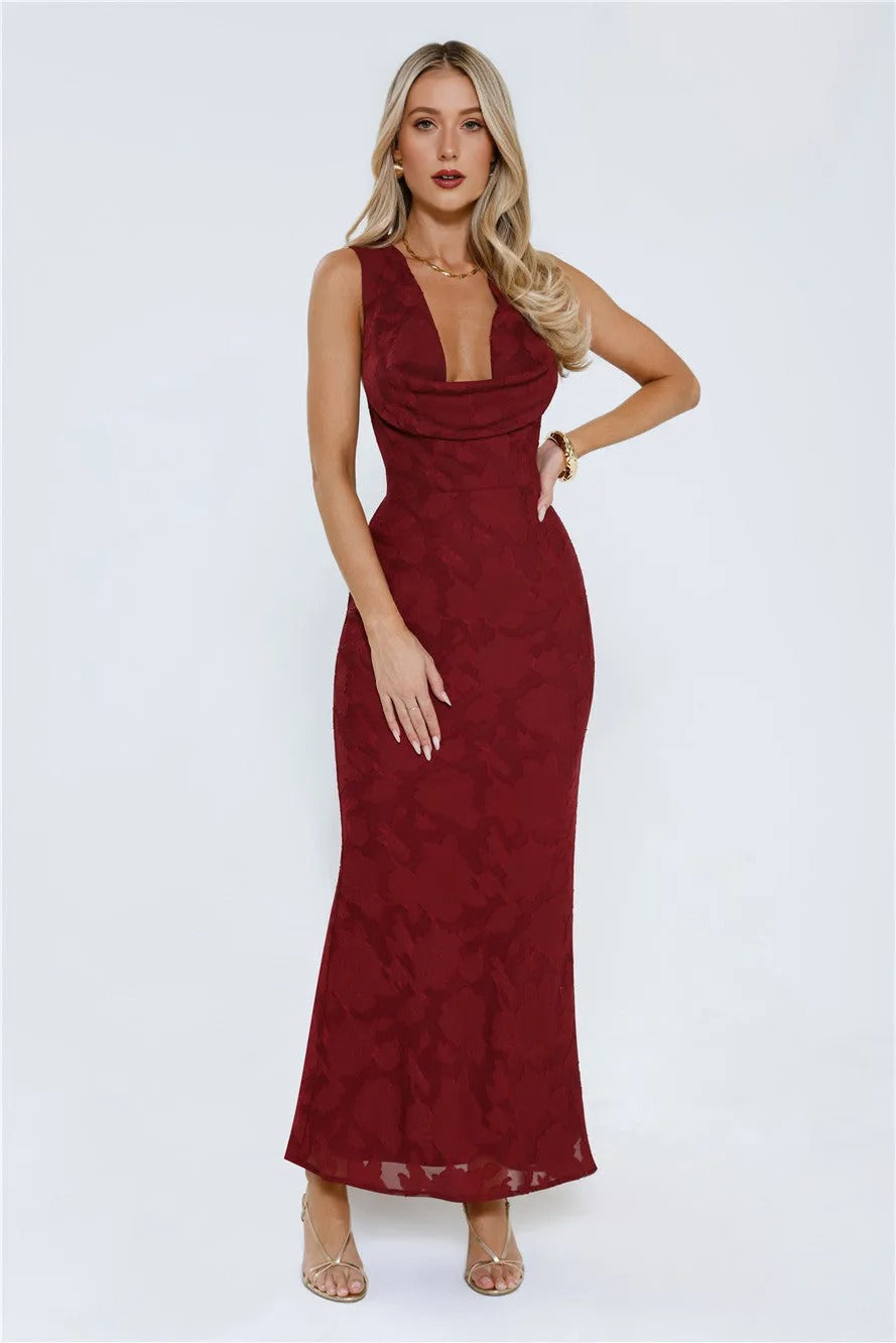 Women’s Wine Red Maxi Evening Dress – Elegant Sleeveless Formal Gown
