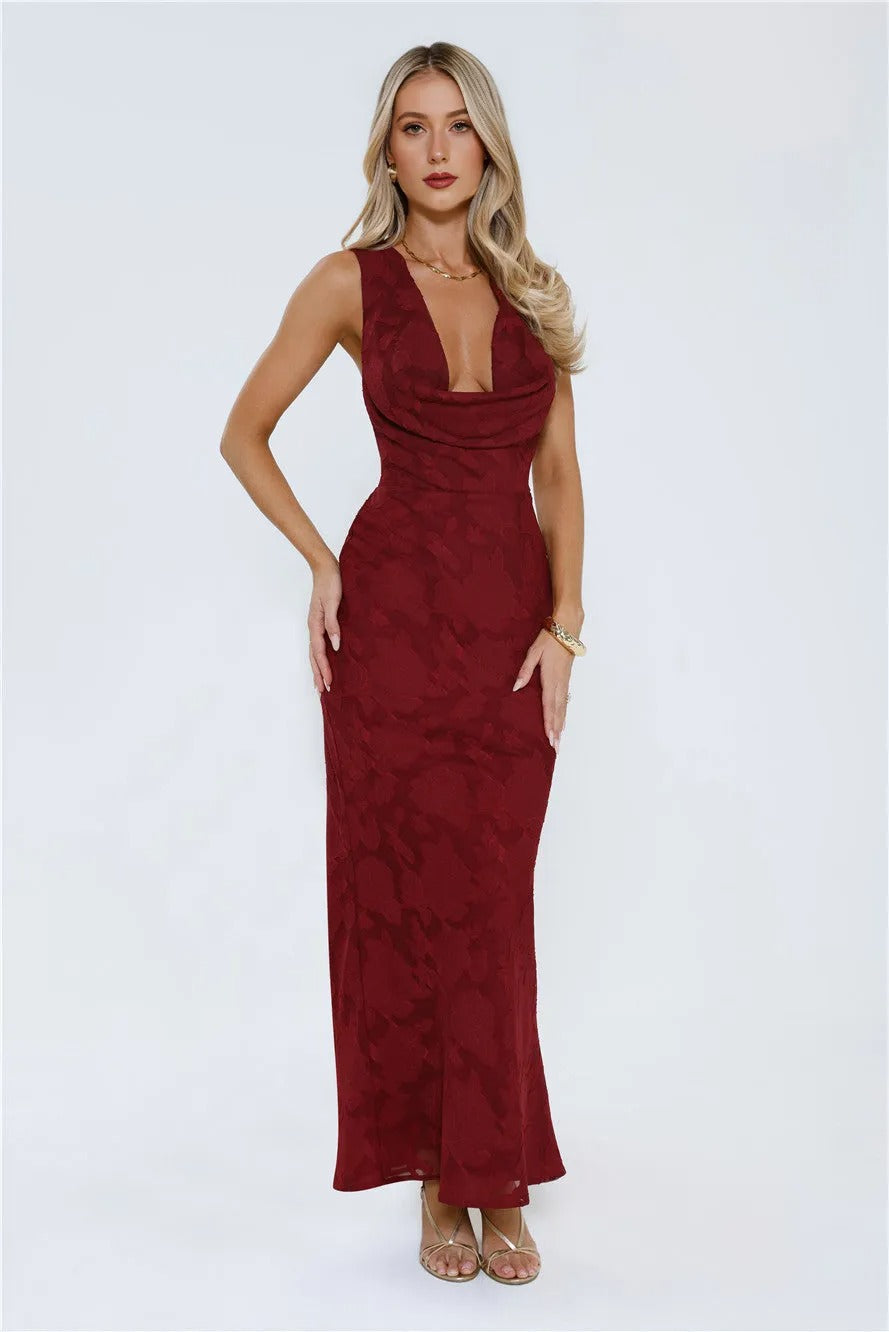 Women’s Wine Red Maxi Evening Dress – Elegant Sleeveless Formal Gown