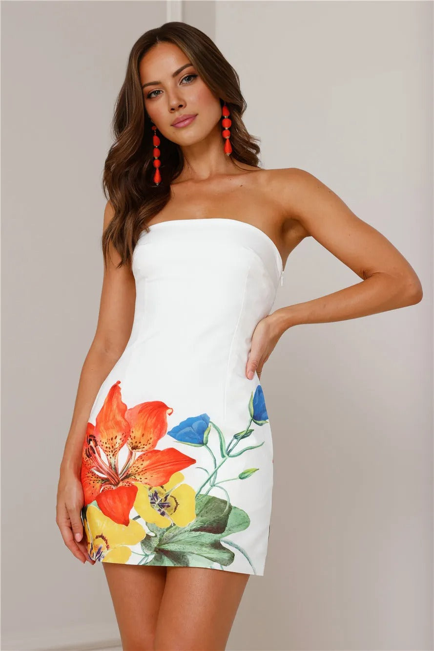 Women’s White Floral Mini Evening Dress – Elegant Sleeveless Cocktail Party Dress