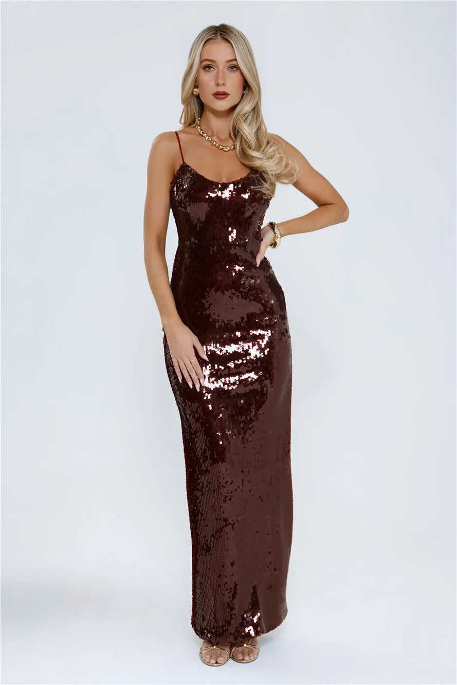 Women’s Wine Sequin Midi Evening Dress – Sparkly Elegant Cocktail Party Dress