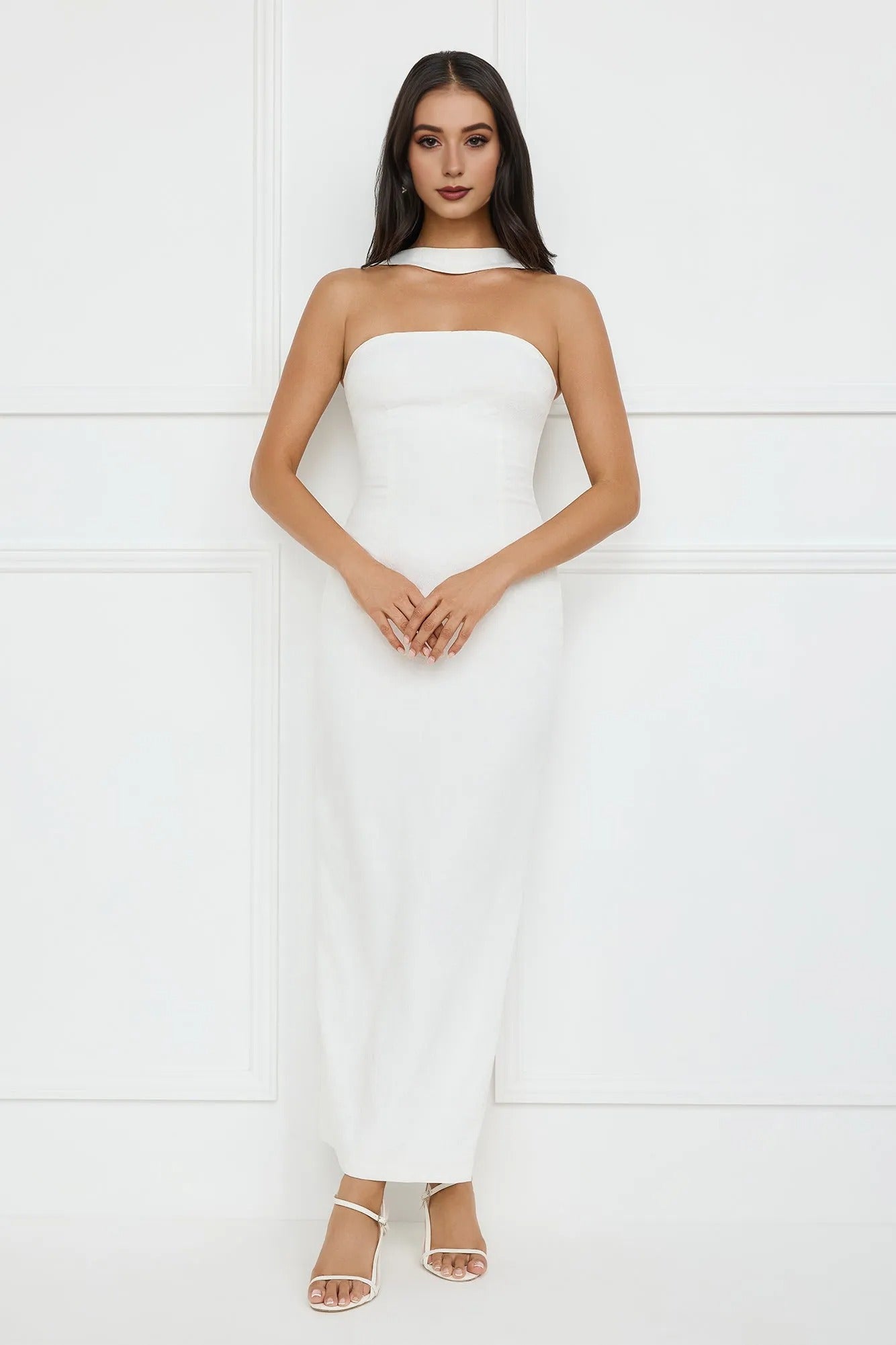 Women’s White Halter Maxi Evening Dress – Elegant Formal Gown