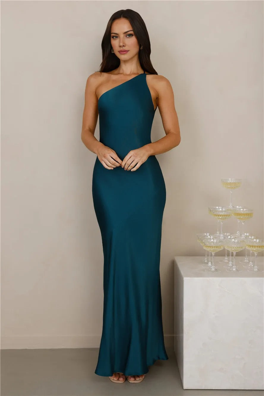 Women’s Teal Satin One-Shoulder Maxi Evening Dress – Elegant Formal Gown