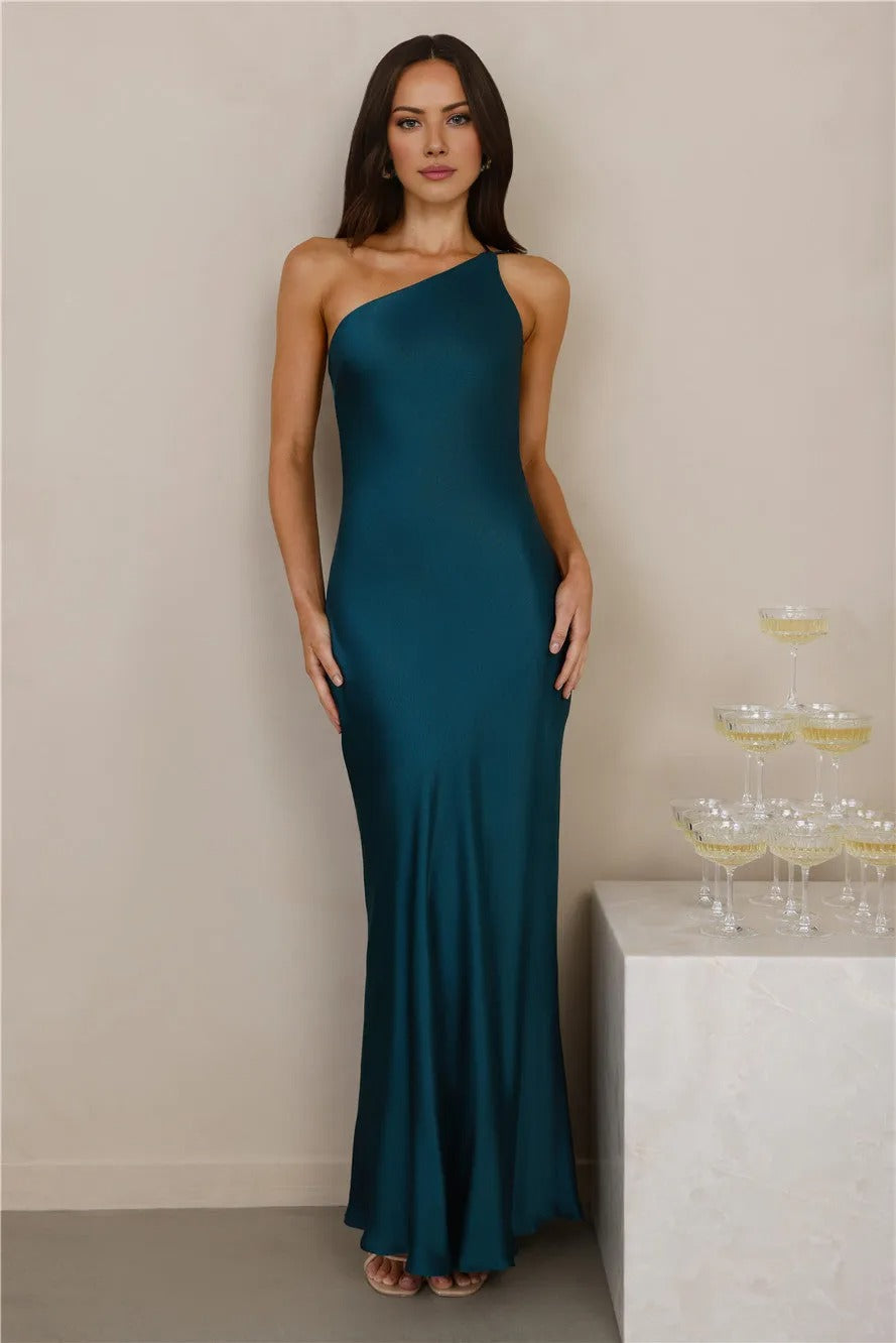 Women’s Teal Satin One-Shoulder Maxi Evening Dress – Elegant Formal Gown