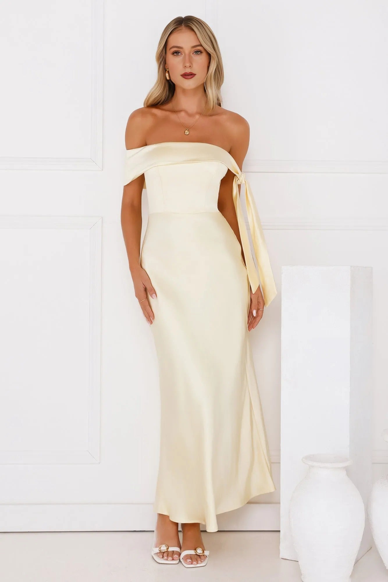 Women’s Yellow Satin Off-Shoulder Midi Evening Dress – Elegant Cocktail Party Dress