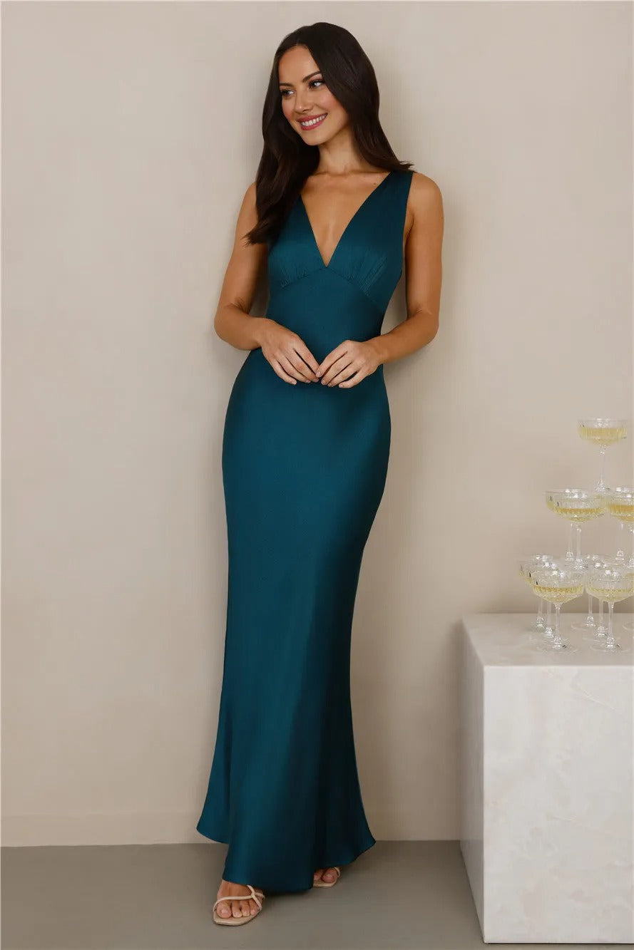 Women’s Teal Satin Maxi Evening Dress – Elegant Formal Gown