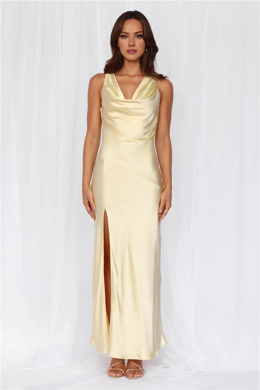 Women’s Yellow Satin Cowl Maxi Evening Dress – Elegant Formal Gown