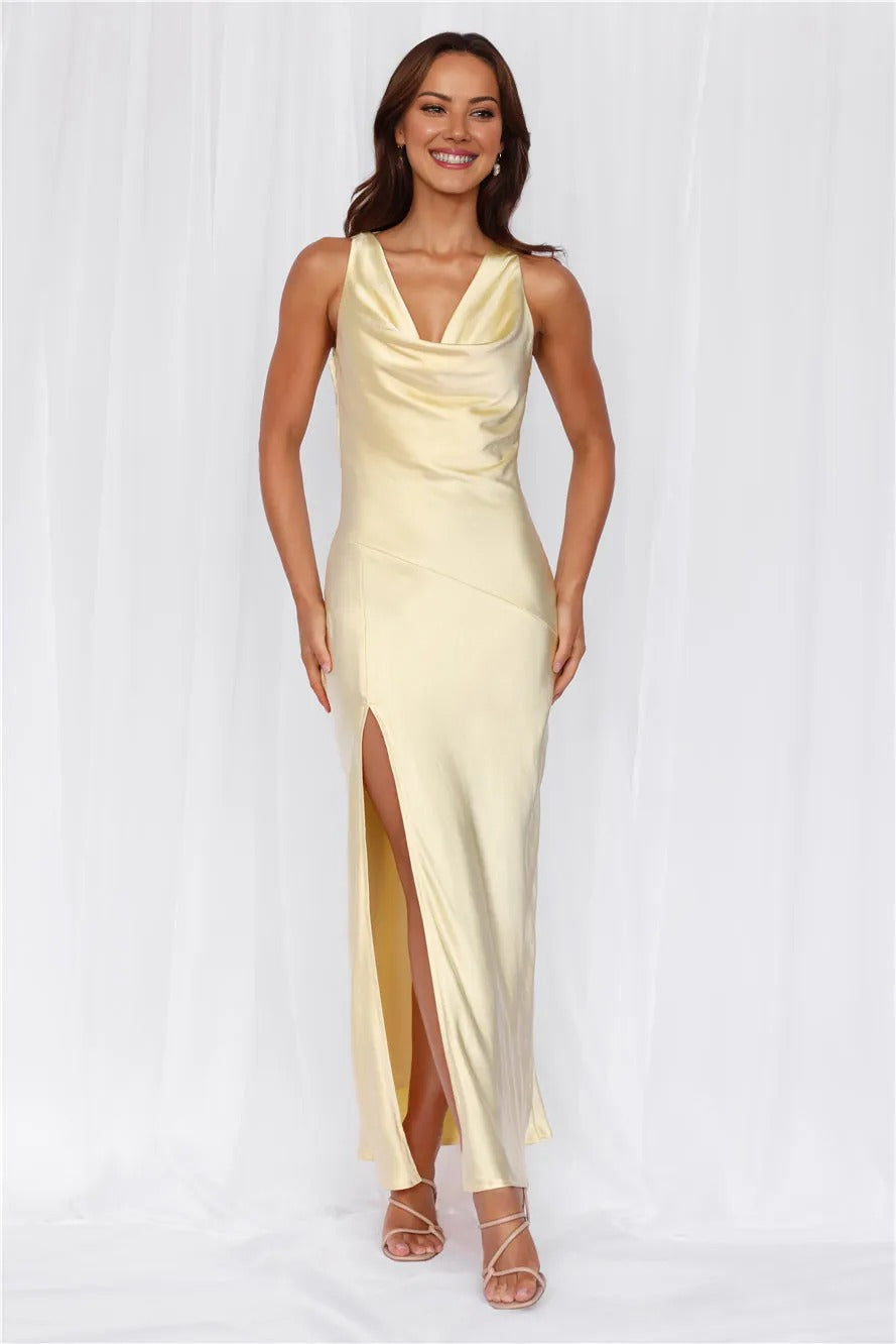 Women’s Yellow Satin Cowl Maxi Evening Dress – Elegant Formal Gown