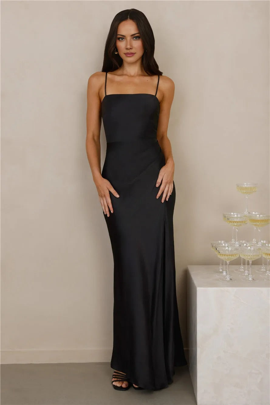 Women’s Black Satin Maxi Evening Dress – Elegant Formal Gown
