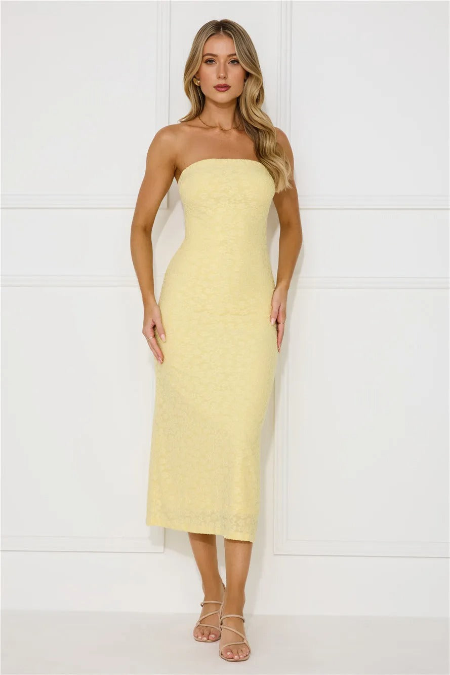 Women’s Yellow Strapless Midi Evening Dress – Elegant Cocktail Party Dress