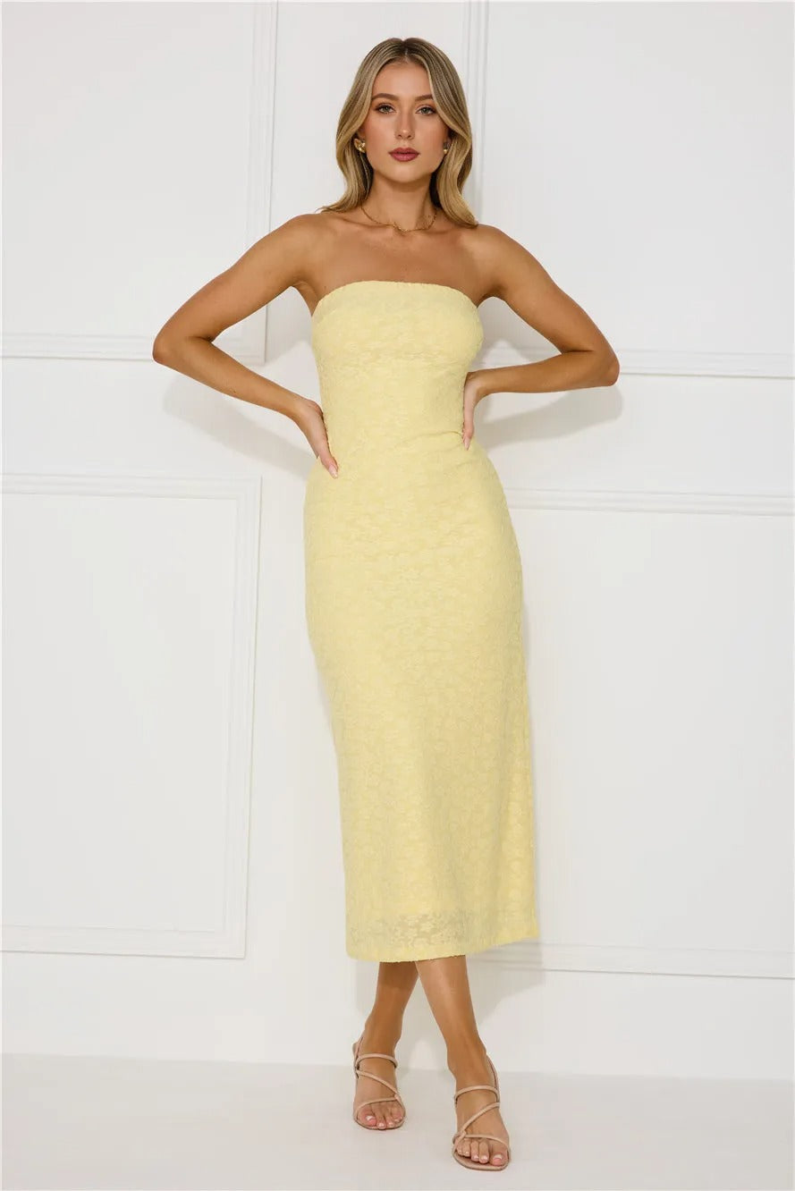 Women’s Yellow Strapless Midi Evening Dress – Elegant Cocktail Party Dress