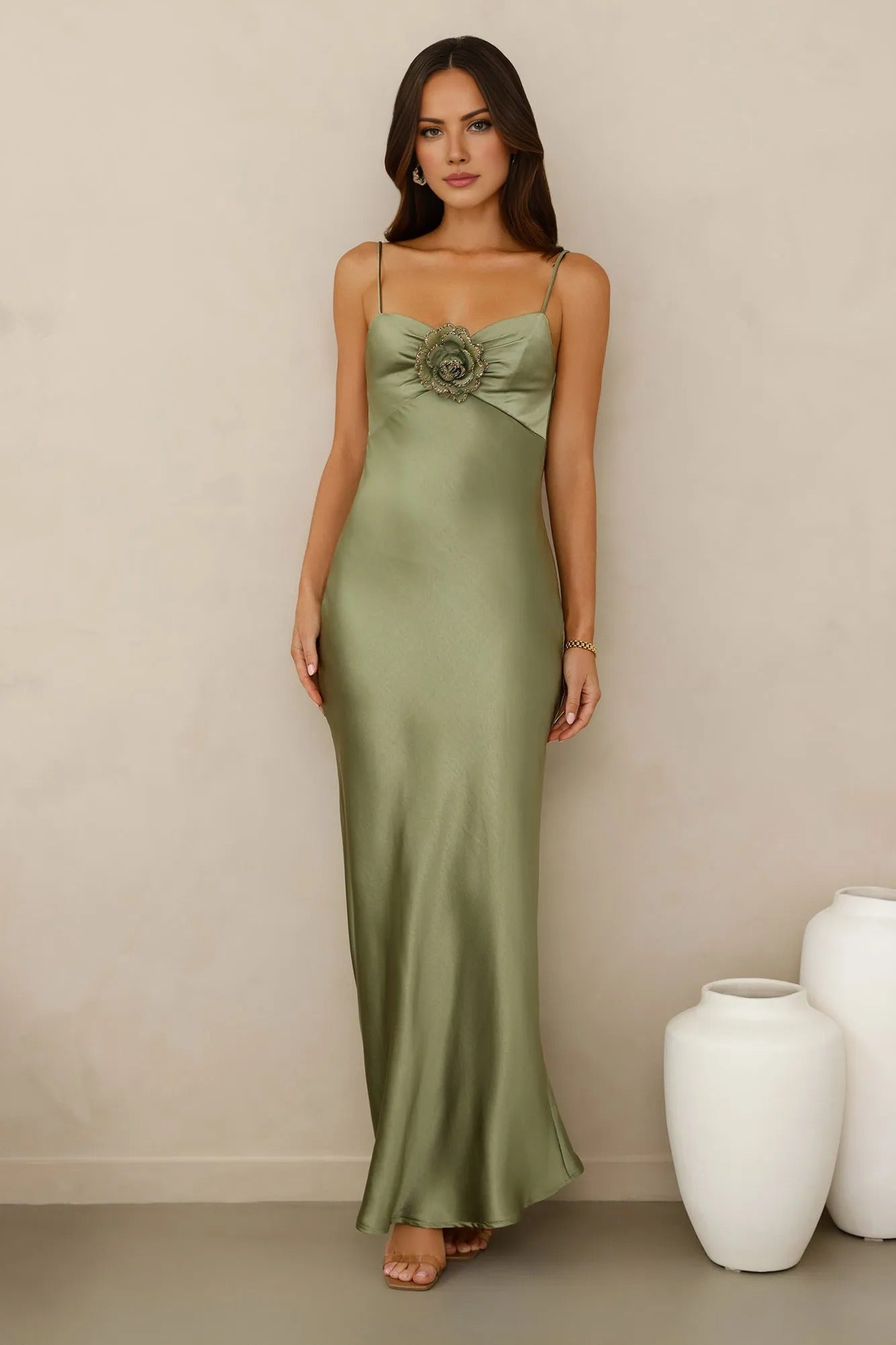 Women’s Green Satin Maxi Evening Dress – Elegant Formal Gown