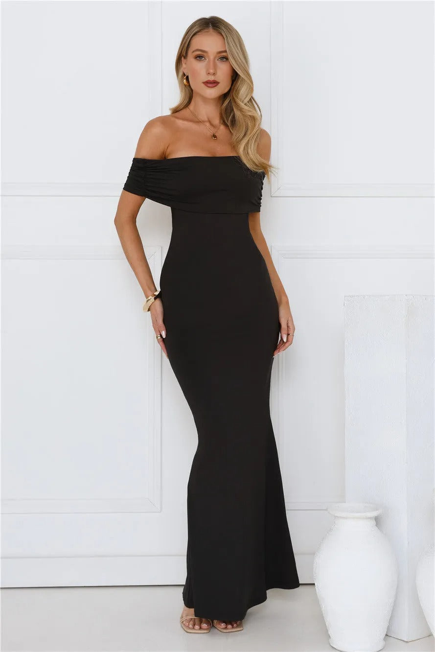 Women’s Black Off-Shoulder Maxi Evening Dress – Elegant Formal Gown