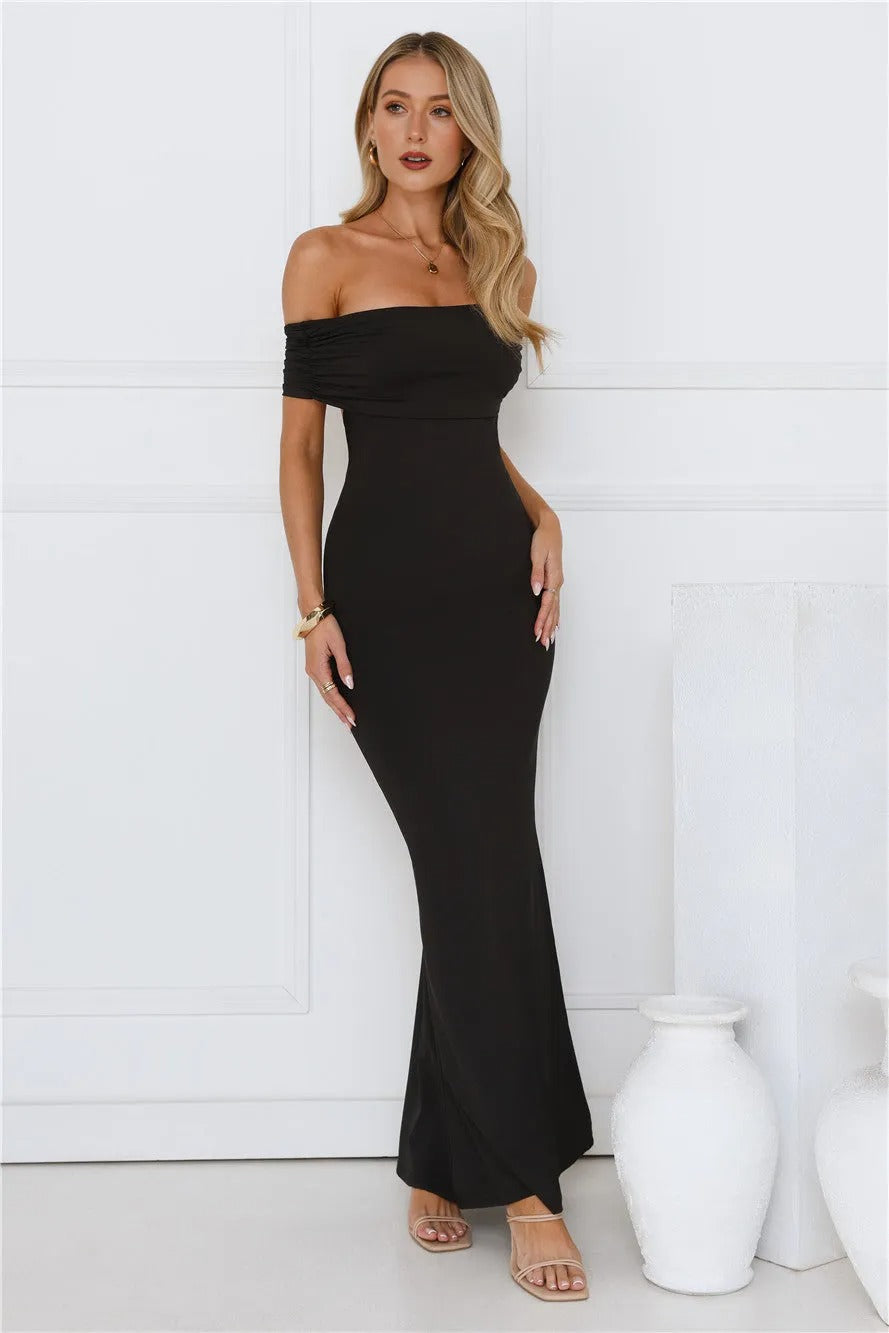 Women’s Black Off-Shoulder Maxi Evening Dress – Elegant Formal Gown