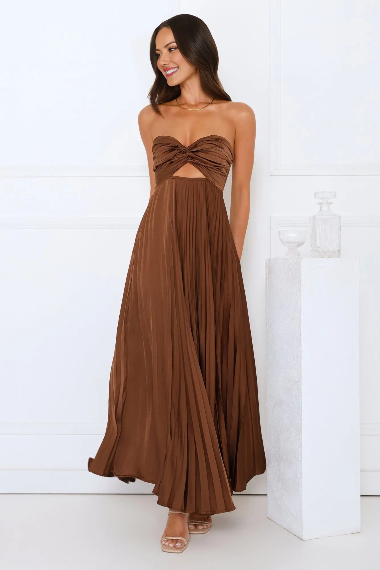 Women’s Brown Satin Strapless Pleated Maxi Evening Dress – Elegant Formal Gown