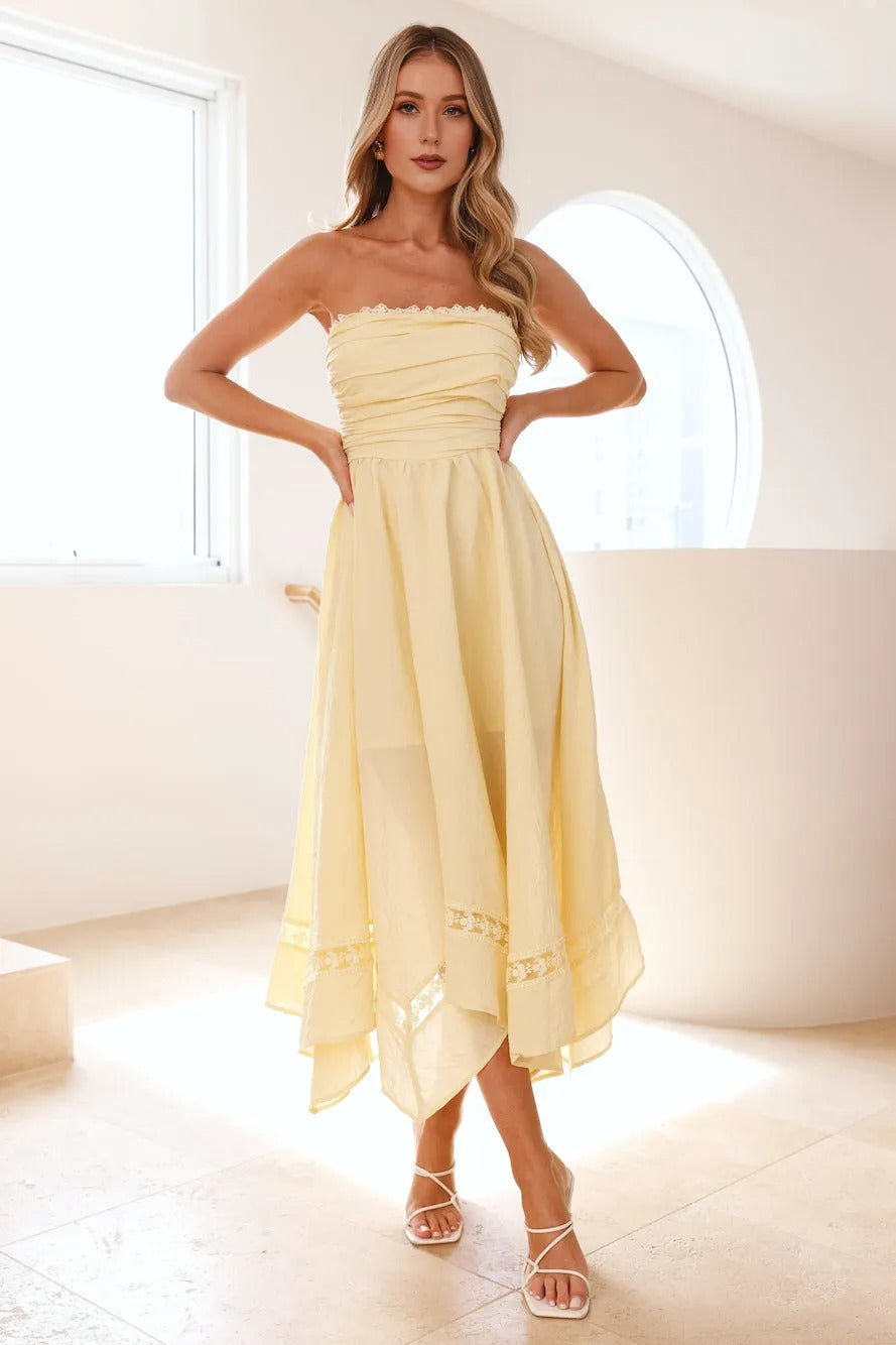 Women’s Yellow Strapless Midi Evening Dress – Elegant Cocktail Party Dress