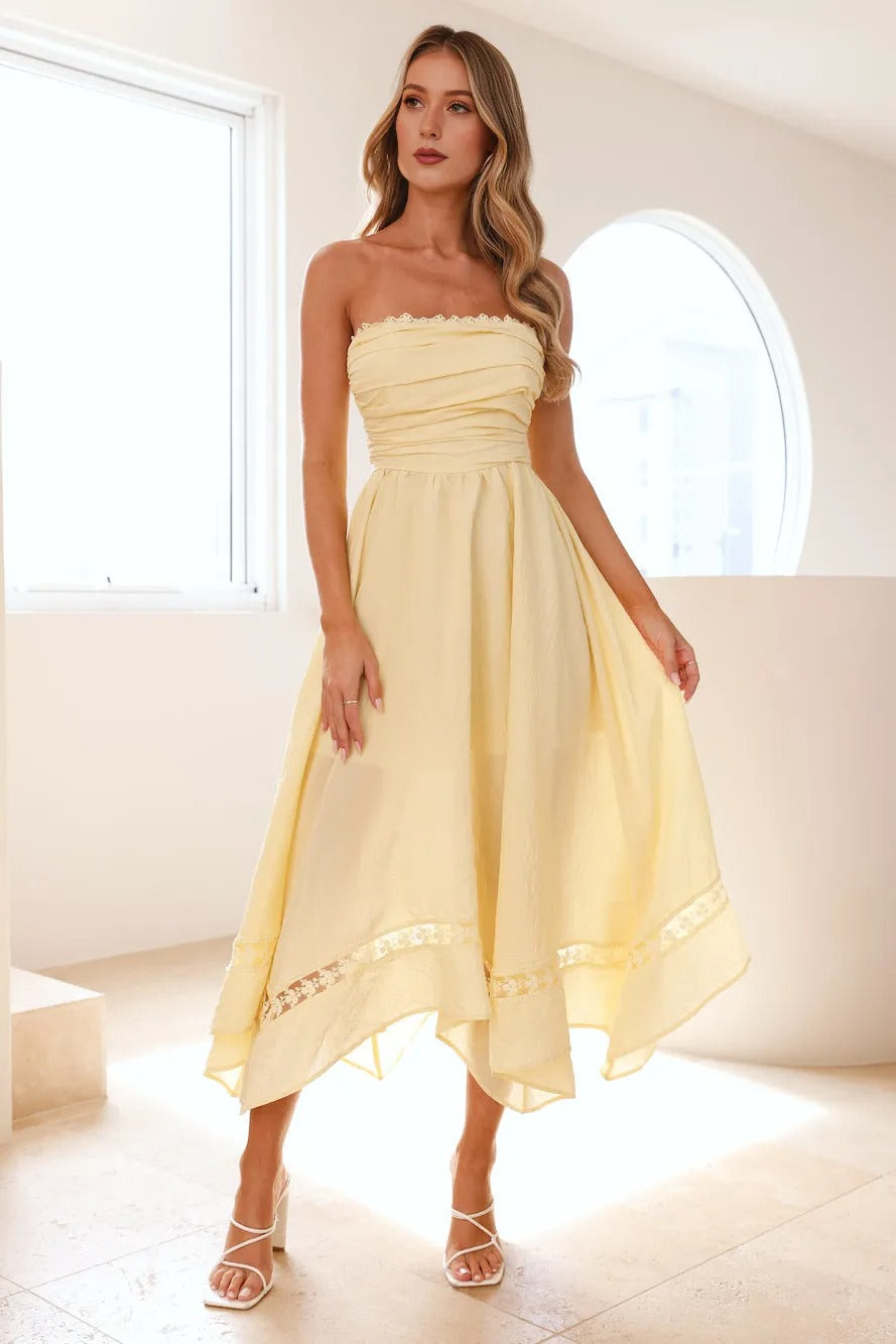 Women’s Yellow Strapless Midi Evening Dress – Elegant Cocktail Party Dress
