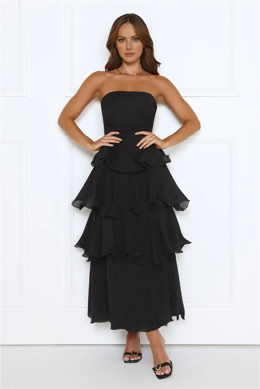 Women’s Black Strapless Maxi Evening Dress – Elegant Formal Wedding Guest Gown