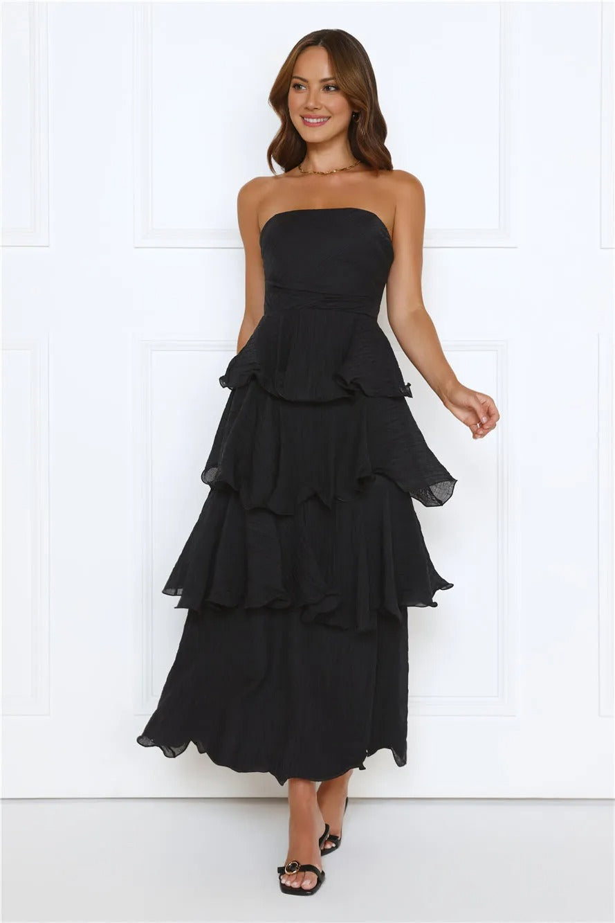 Women’s Black Strapless Maxi Evening Dress – Elegant Formal Wedding Guest Gown