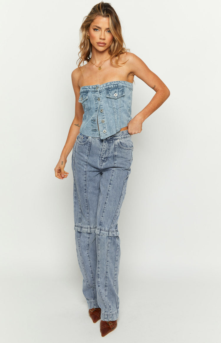 Styling Mid Wash Denim Button Top